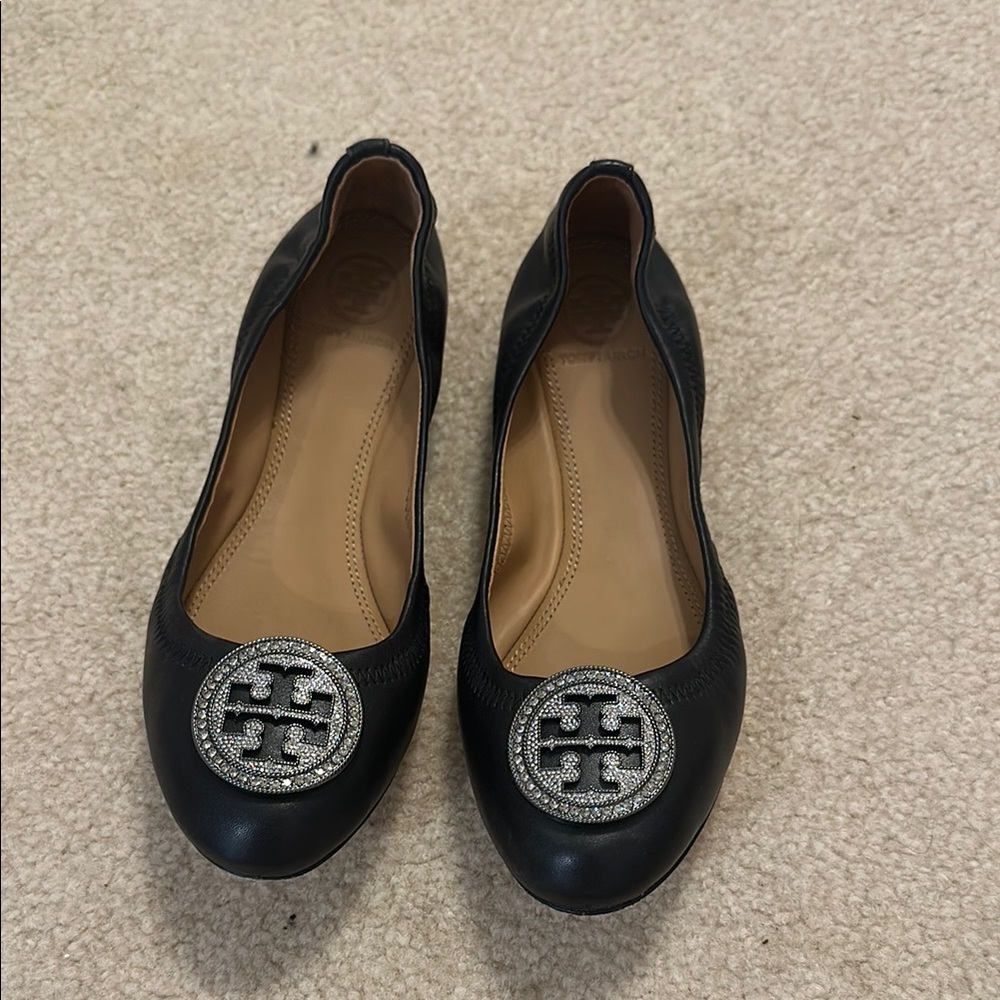 Tory Burch Black Flats with Silver Logo